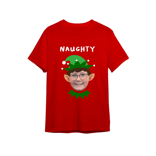 Christmas Photo Upload Naughty Elf T-Shirt - Red