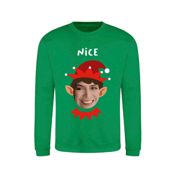 Christmas Photo Upload Nice Elf Jumper - Green