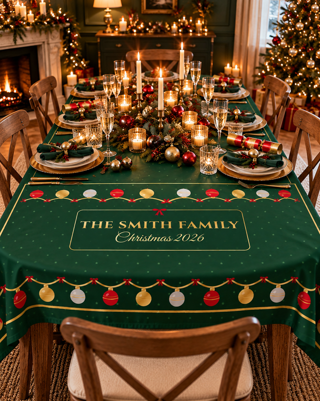 Green and Gold Baubles personalised Christmas tablecloth on a set Christmas dinner table