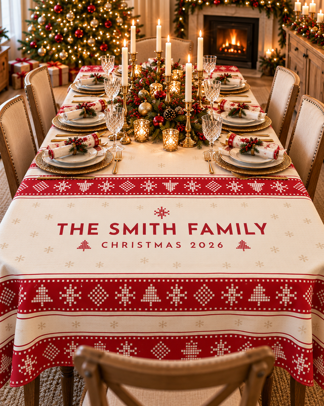 Nordic Knit personalised Christmas tablecloth on a set Christmas dinner table