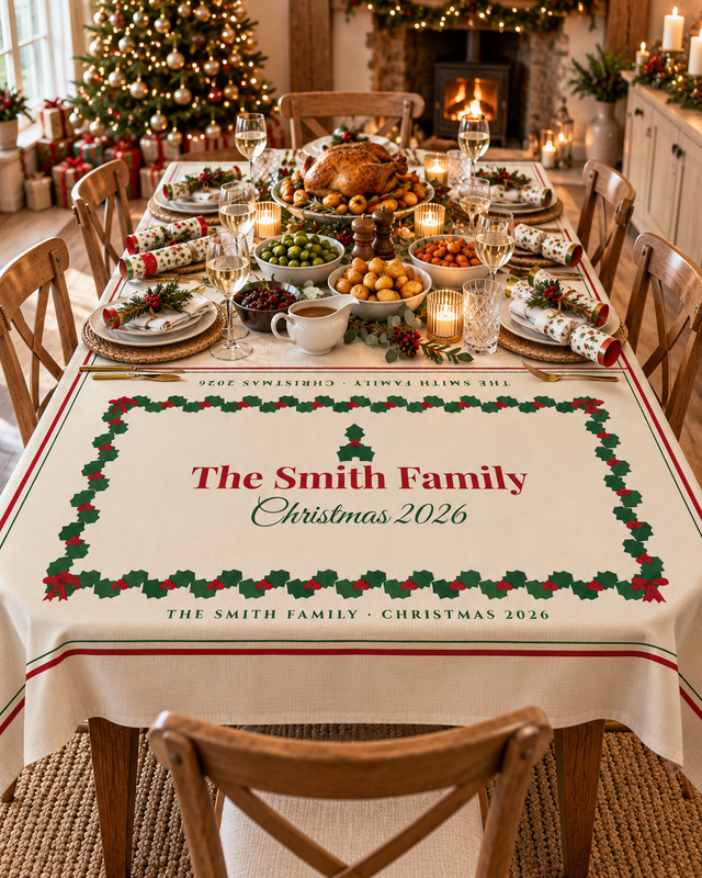 Holly and Berries personalised Christmas tablecloth on a set Christmas dinner table