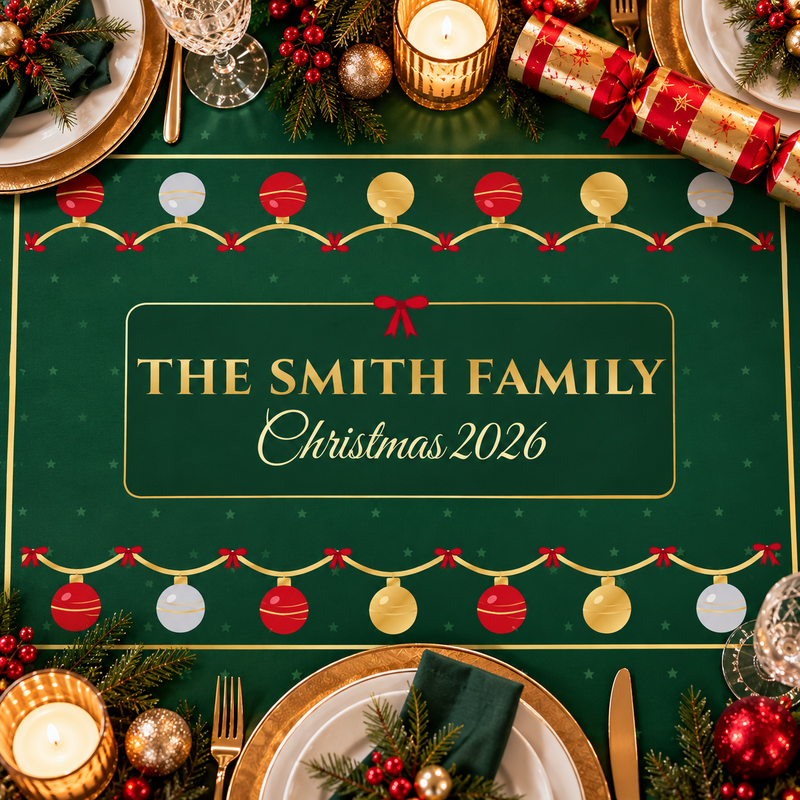 Close-up of a personalised Christmas tablecloth reading The Smith Family Christmas 2026