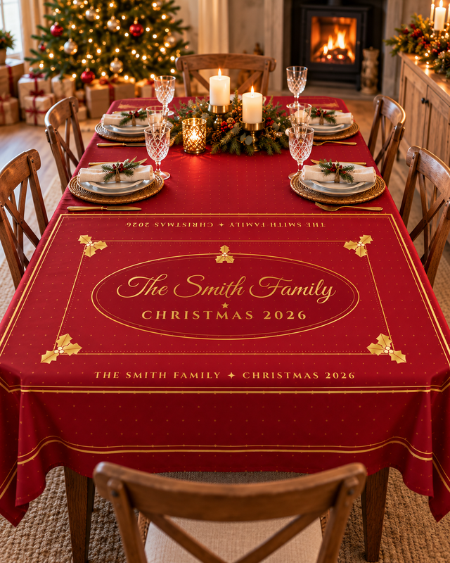 Red and Gold personalised Christmas tablecloth on a set Christmas dinner table