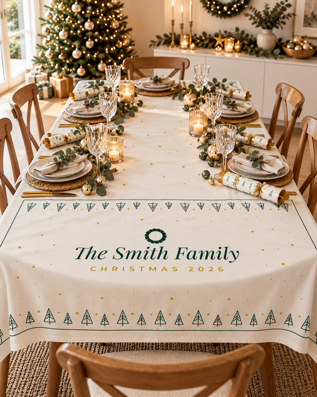 Christmas Trees personalised Christmas tablecloth on a set Christmas dinner table