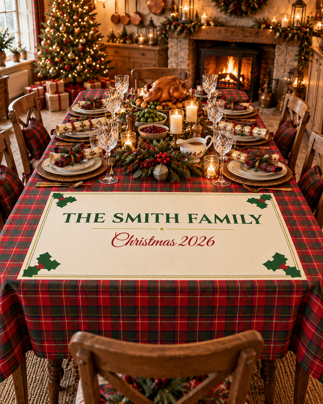 Red Tartan personalised Christmas tablecloth on a set Christmas dinner table