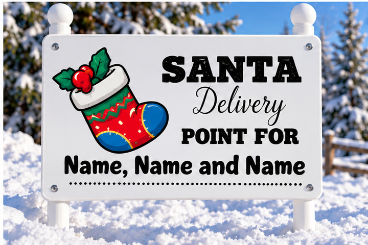 Personalised Santa 'Delivery Point' garden sign in the snow